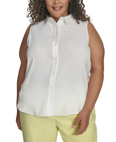 Dkny Plus Size Button-front Sleeveless Satin Blouse In Ivory
