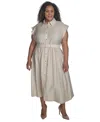 Dkny Plus Size Cap-sleeve Belted Midi Shirtdress In Light Khaki