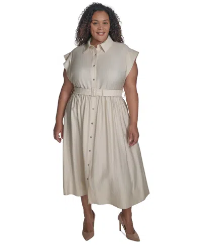 Dkny Plus Size Cap-sleeve Belted Midi Shirtdress In Light Khaki