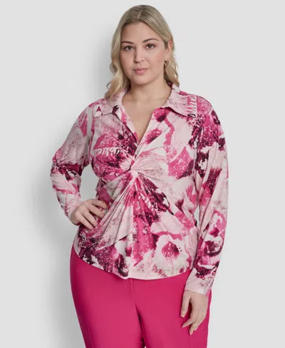 Dkny Plus Size Collared Long-sleeve Top In Pink