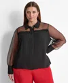 Dkny Plus Size Collared Mixed-media Illusion Blouse In Black
