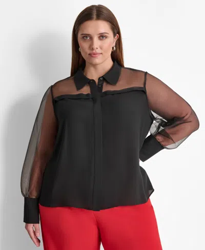 Dkny Plus Size Collared Mixed-media Illusion Blouse In Black