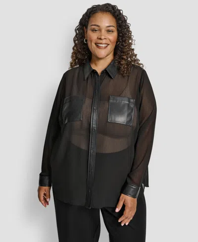 Dkny Plus Size Collared Neck Long Sleeve Top In Animal Print