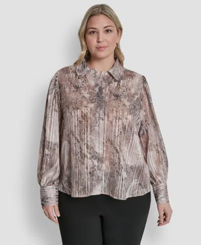 Dkny Plus Size Collared Neck Long-sleeve Top In Gray
