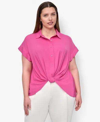 Dkny Plus Size Collared Twist-hem Shirt In Pink