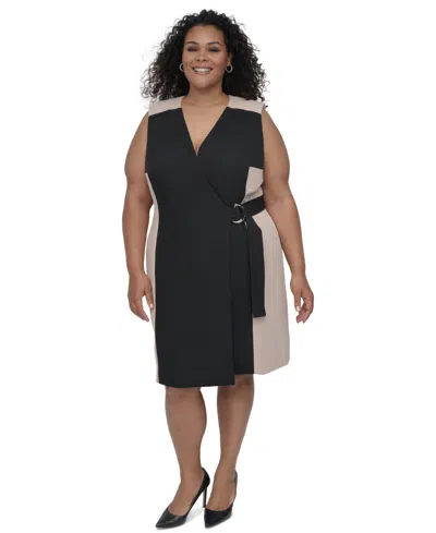 Dkny Plus Size Colorblocked Wrap Dress In Black,neutral