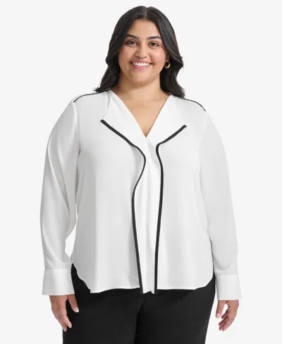 Dkny Plus Size Contrast-trim Long-sleeve Blouse In White