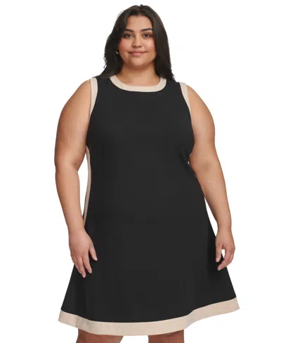 Dkny Plus Size Contrast-trim Sleeveless Dress In Black,beige