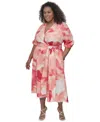 Dkny Plus Size Cotton Puff-sleeve Fit & Flare Dress In Watermelon Multi