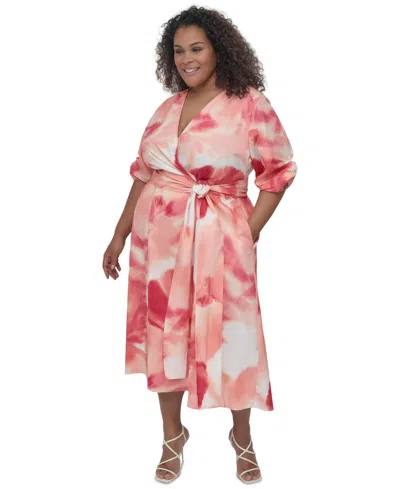 Dkny Plus Size Cotton Puff-sleeve Fit & Flare Dress In Watermelon Multi
