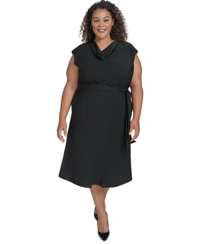 Dkny Plus Size Cowl-neck Belted Cap-sleeve Midi Crepe In Black