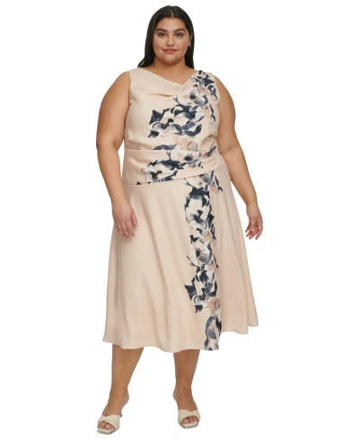 Dkny Plus Size Cowlneck Cascading-floral Midi Dress In Elegant Beige