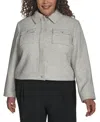 Dkny Plus Size Cropped Long-sleeve Tweed Trucker Jacket In Black