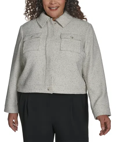 Dkny Plus Size Cropped Long-sleeve Tweed Trucker Jacket In Ivory,black