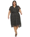 DKNY PLUS SIZE DOT-PRINT CRINKLE-CHIFFON SMOCKED MIDI DRESS