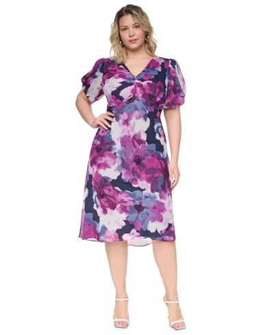 Dkny Plus Size Empire Waist Floral Puff-sleeve Midi Dress In Multi