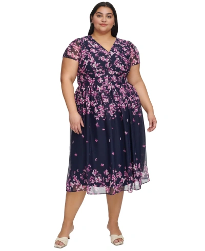 Dkny Plus Size Floral Print Cap Sleeve Midi Dress In Navy,pink