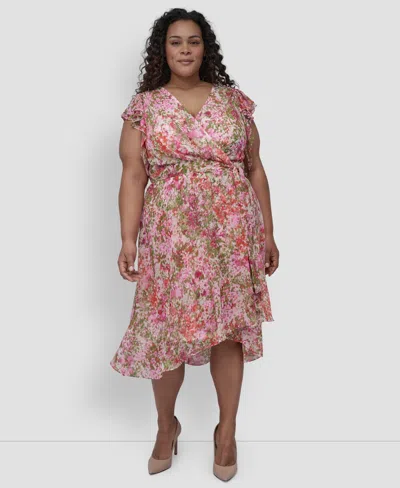 Dkny Plus Size Flutter-sleeve Belted High-low Dress In Pink