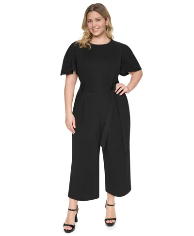 Dkny Plus Size Flutter Sleeve Wide-leg Cropped Jumpsuit In Black