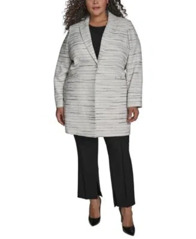 Dkny Plus Size Gathered Sleeveless Blouse One Button Blazer Split Hem Pants In Ivory,black