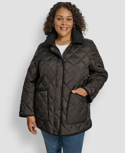 Dkny Plus Size Hooded Quilted Coat In Black