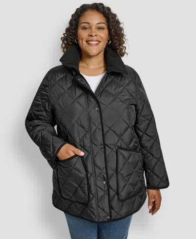 Dkny Plus Size Hooded Quilted Coat In Black