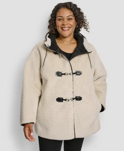 Dkny Plus Size Hooded Toggle Coat In Neutral