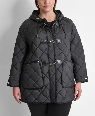Dkny Plus Size Hooded Toggle-front Quilted Coat In Black