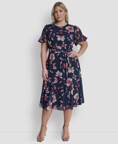 Dkny Plus Size Jewel Neck Fit & Flare Midi Dress In Multi