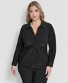 Dkny Plus Size Knot-front Long-sleeve Top In Black