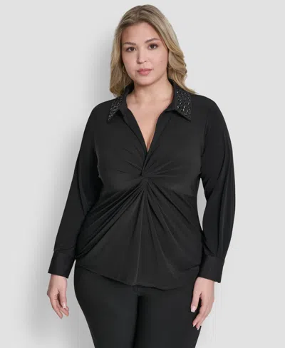 Dkny Plus Size Knot-front Long-sleeve Top In Black