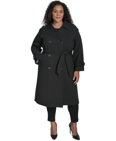 Dkny Plus Size Leopard-print Trench Coat In Black