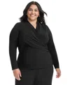 Dkny Plus Size Short-sleeve Faux-wrap Top In Black