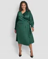Dkny Plus Size Long Sleeve Surplice O-ring Midi Dress In Green