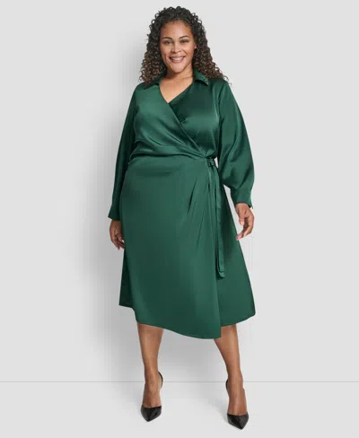 Dkny Plus Size Long Sleeve Surplice O-ring Midi Dress In Green