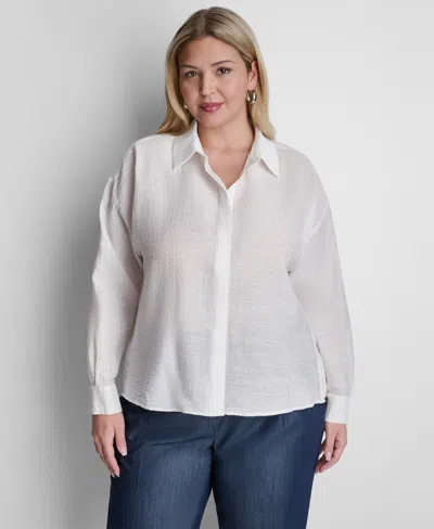 Dkny Plus Size Long-sleeve Collared Organza Blouse In White