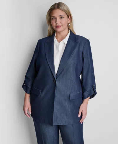 Dkny Plus Size Long-sleeve One Button Roll Cuff Jacket In Blue