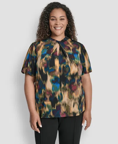 Dkny Plus Size Loop Neck Balloon Sleeve Top In Blue