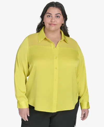 Dkny Plus Size Mixed-media Blouse In Acid Yellow