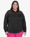 Dkny Plus Size Mixed Media Button Front Blouse In Black