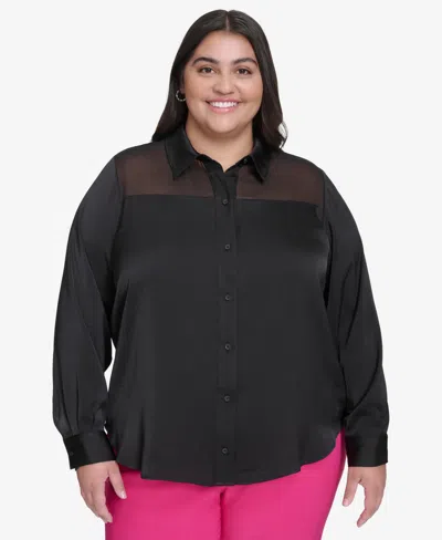 Dkny Plus Size Mixed Media Button Front Blouse In Black