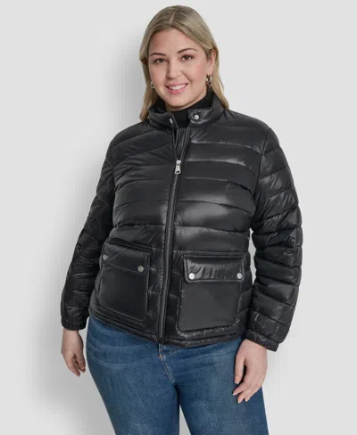 Dkny Plus Size Moto Collar Short Packable Coat In Black