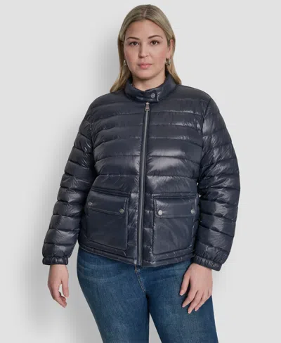 Dkny Plus Size Moto Collar Short Packable Coat In Blue