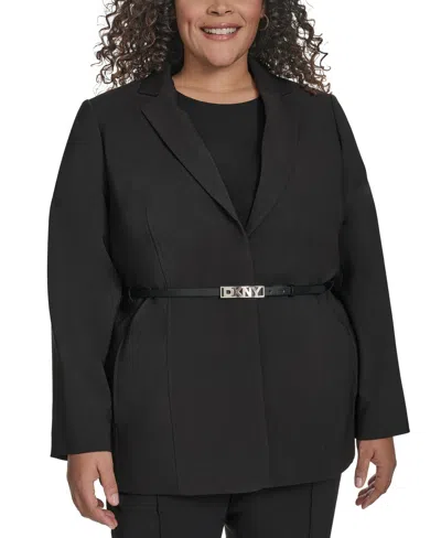 Dkny Plus Size Notch-collar Belted One-button Jacket In Black