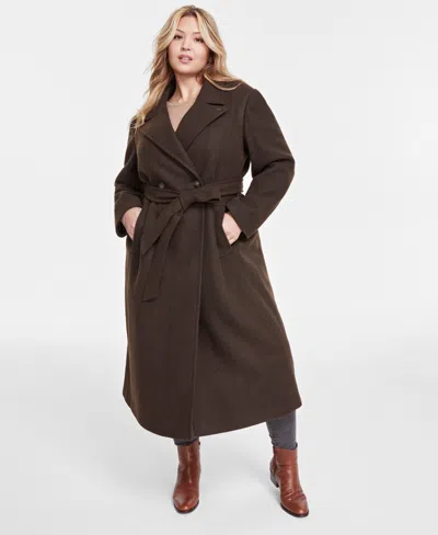 Dkny Plus Size Notched-collar Double-breasted Wrap Coat In Chocolate Melange