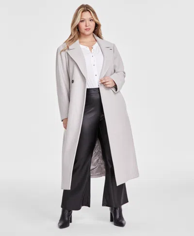 Dkny Plus Size Notched-collar Double-breasted Wrap Coat In Oyster Melange