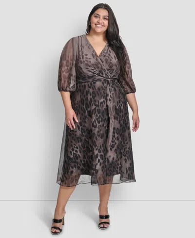 Dkny Plus Size Ombre Printed Balloon-sleeve Faux-wrap Dress In Burgundy