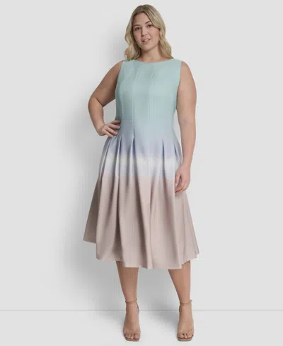 Dkny Plus Size Pleated Jewel Neck Sleeveless Midi Dress In Multi