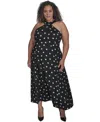 Shop Dkny Plus Size Polka-dot Crisscross Halter Maxi Dress In Black,ivory