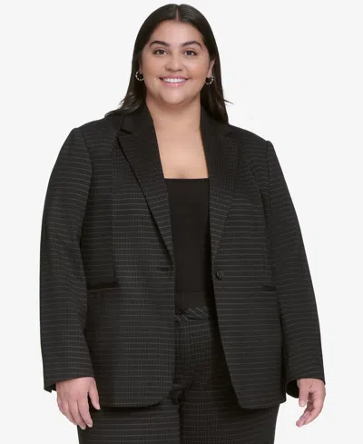 Dkny Plus Size Ponte One-button Blazer In Black,icy Chip Grey Combo Black